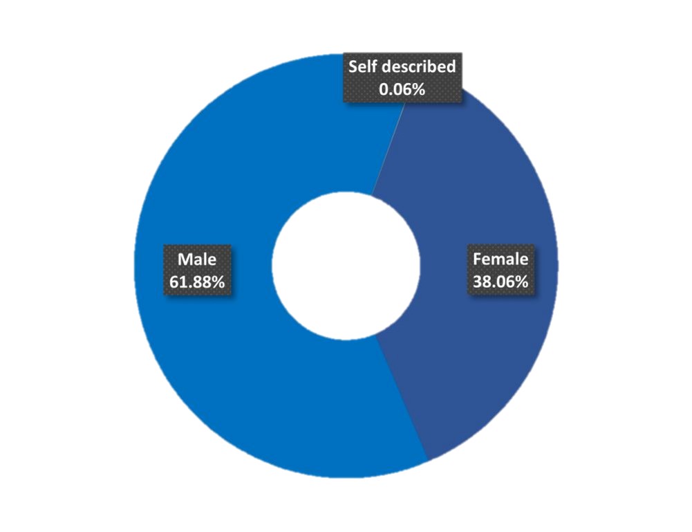Male 61.88%, self-described 0.06%, female 38.06%