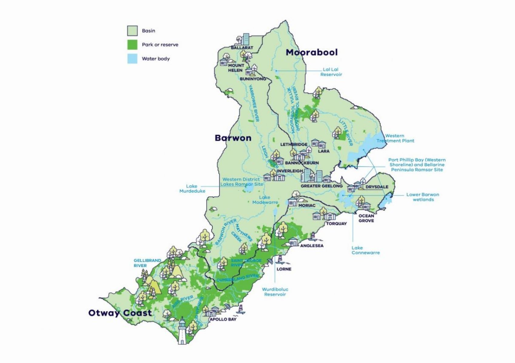 Map of Moorabool, Barwon and Otway Coast. Includes information on the Basin, park or reserve and wtaer body