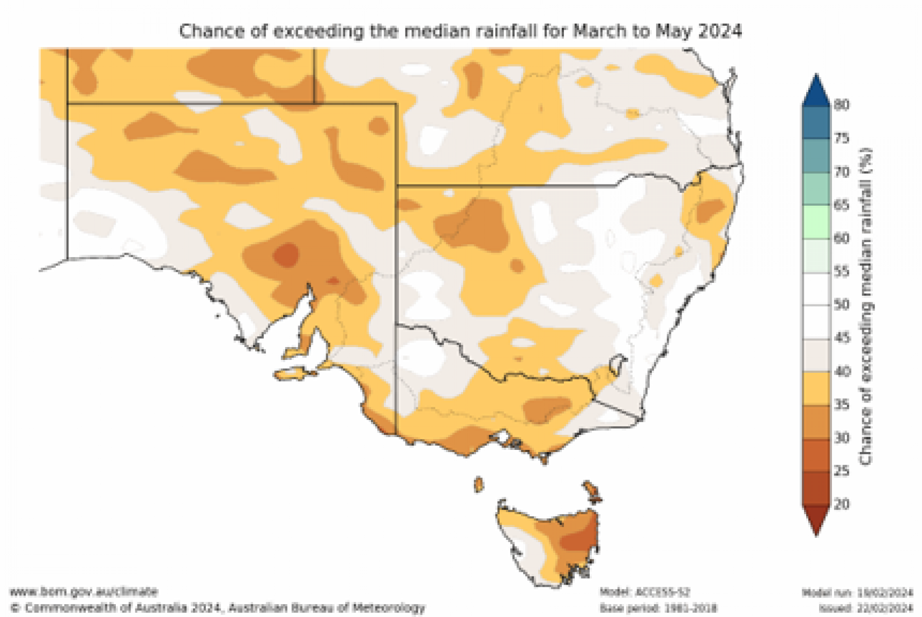 Chance of exceeding median rainfall for March to May 2024