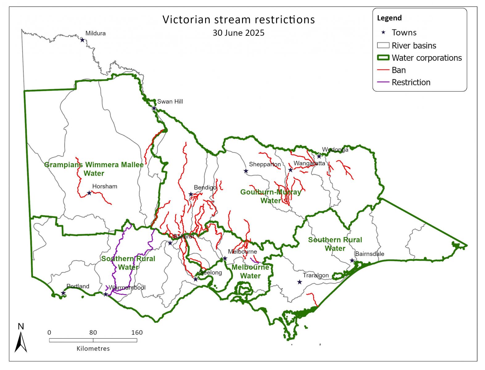 Map of Victorian unregulated stream restrictions as at 30 June 2025