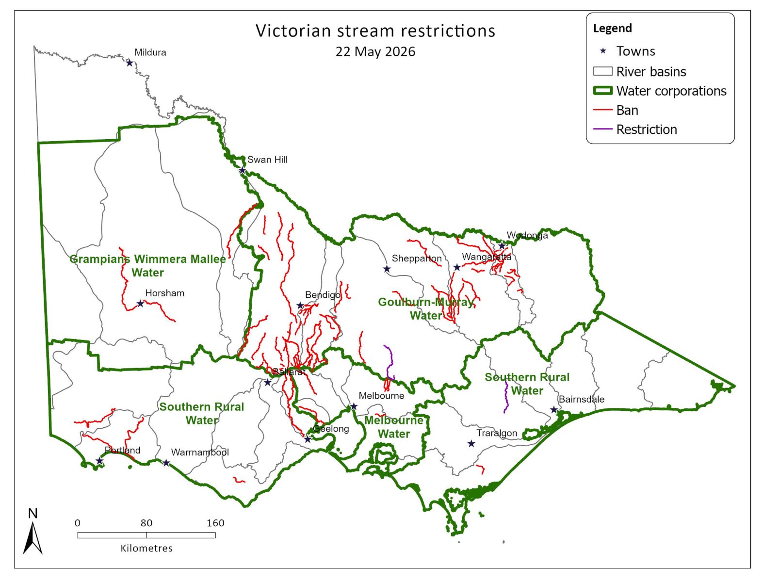 Map of Victorian stream restrictions as at 22 May 2026