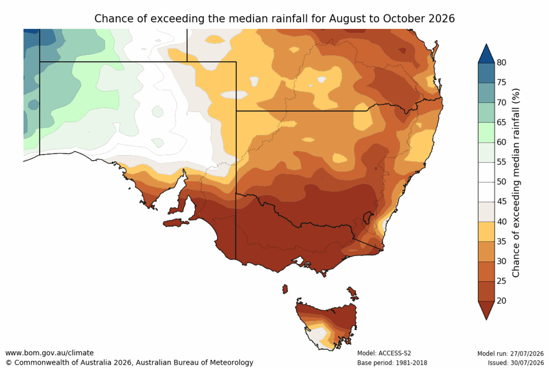 Chance of exceeding median rainfall map for August to October 2026
