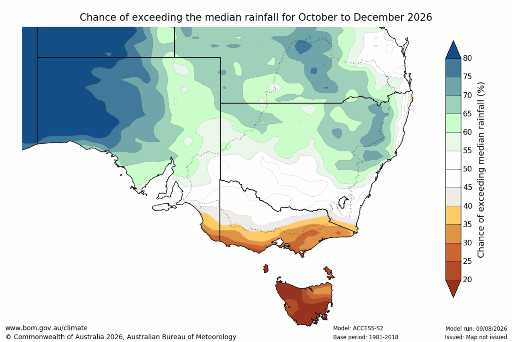Chance of exceeding median rainfall map for October to December 2026