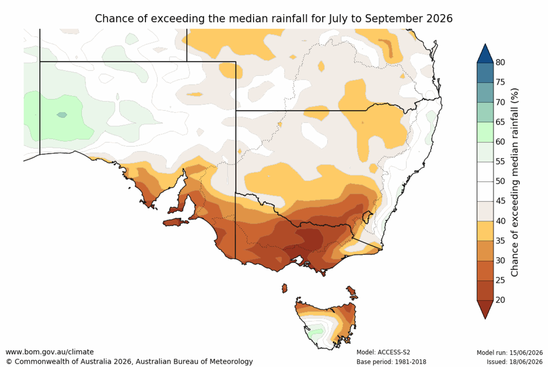 Chance of exceeding median rainfall map for July to September 2026