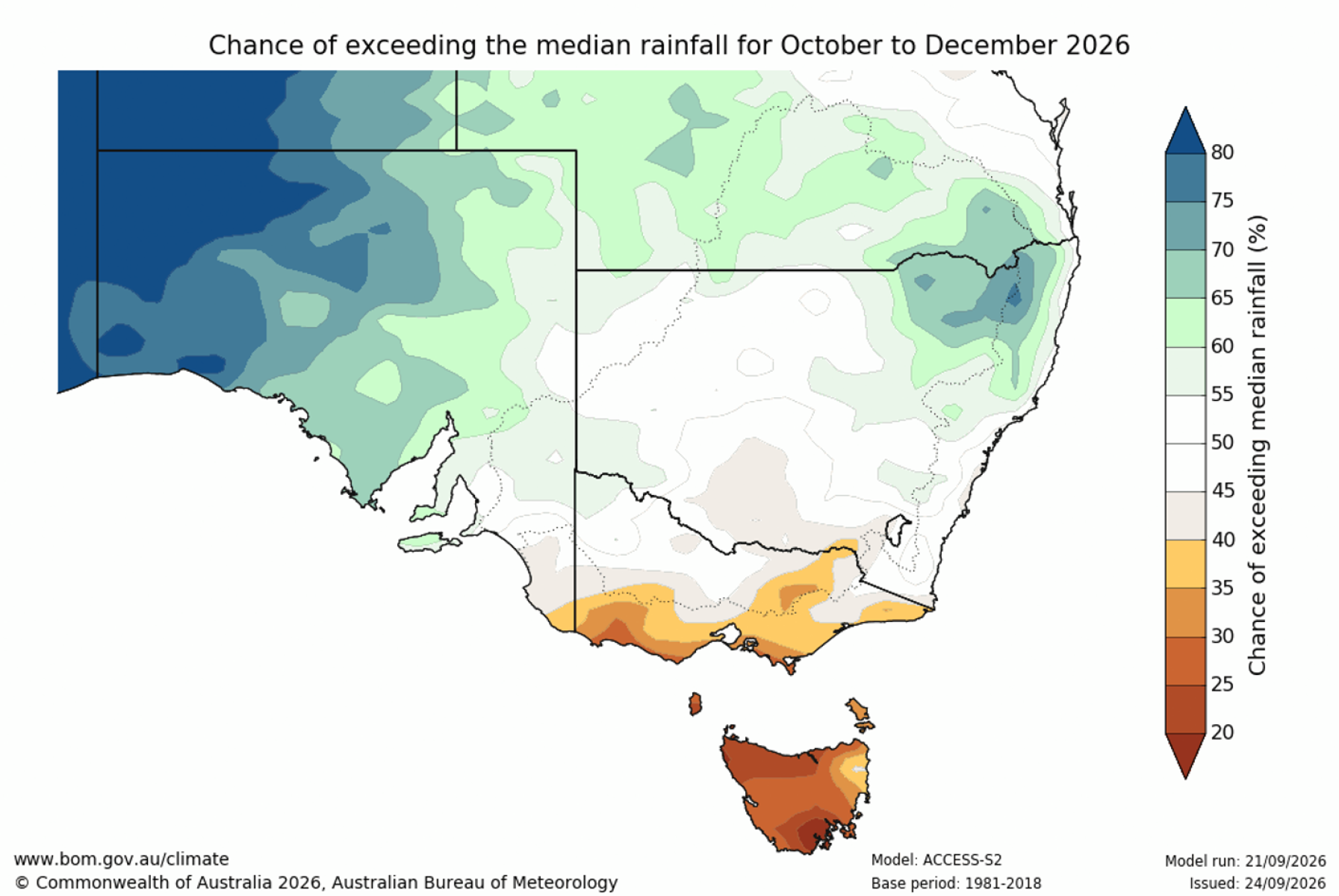 Chance of exceeding median rainfall map for October to December 2026