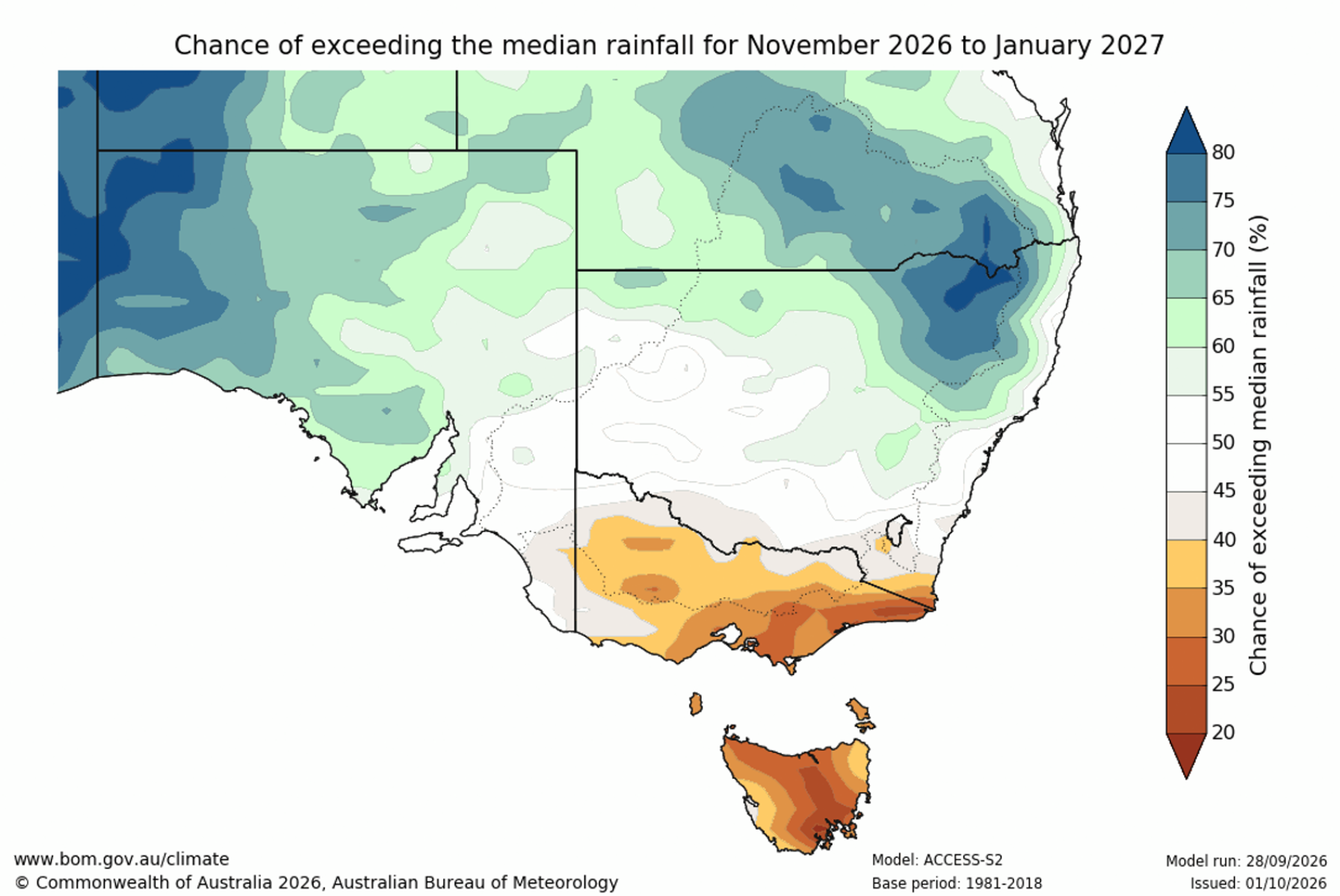Chance of exceeding median rainfall map for November to January 2026