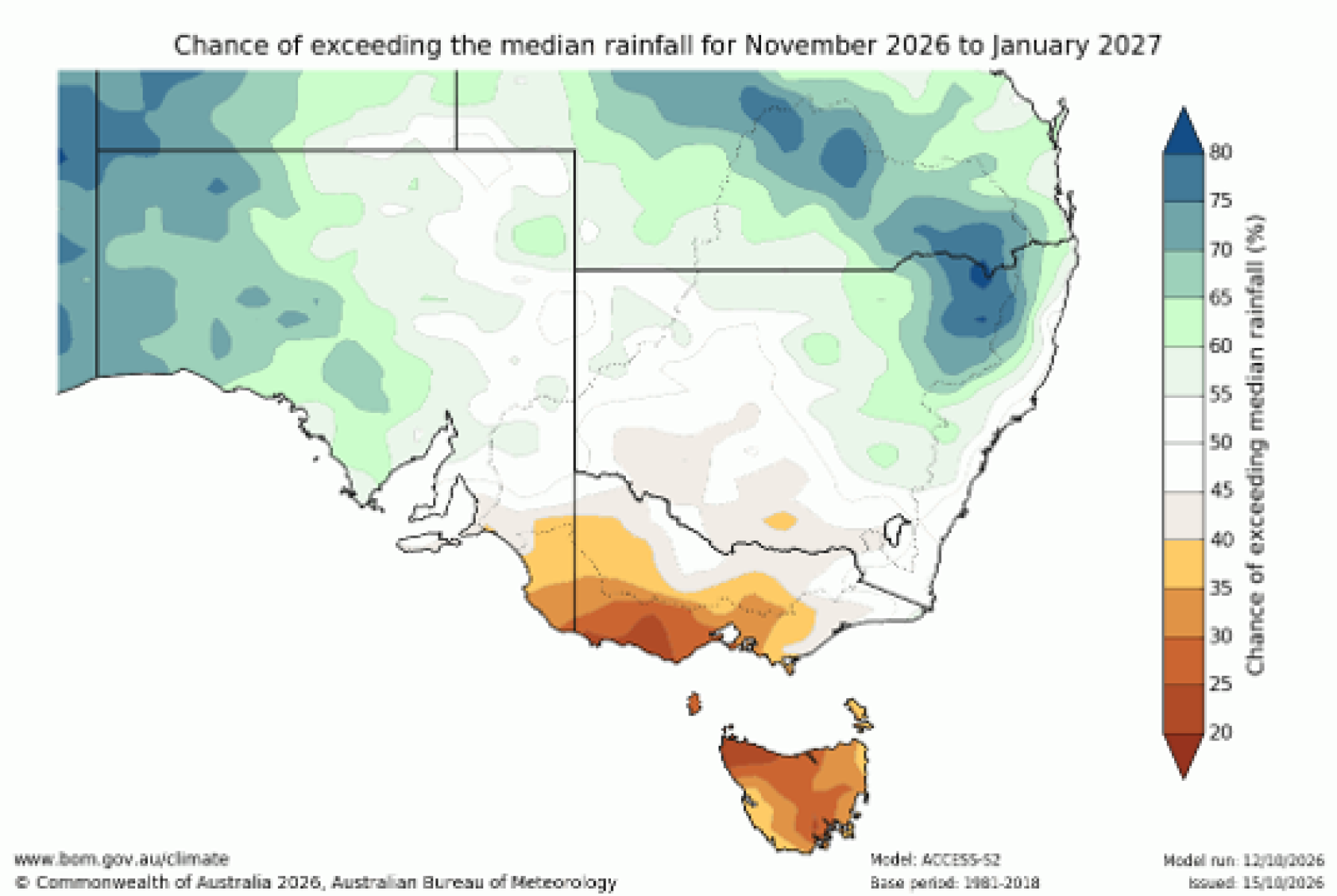 Chance of exceeding median rainfall map for November to January 2026