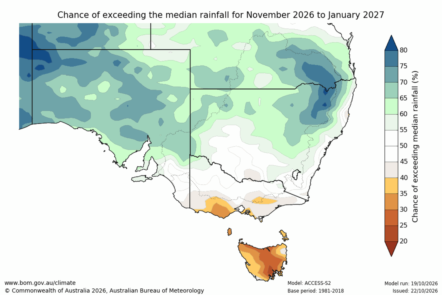 Chance of exceeding median rainfall map for November to January 2026