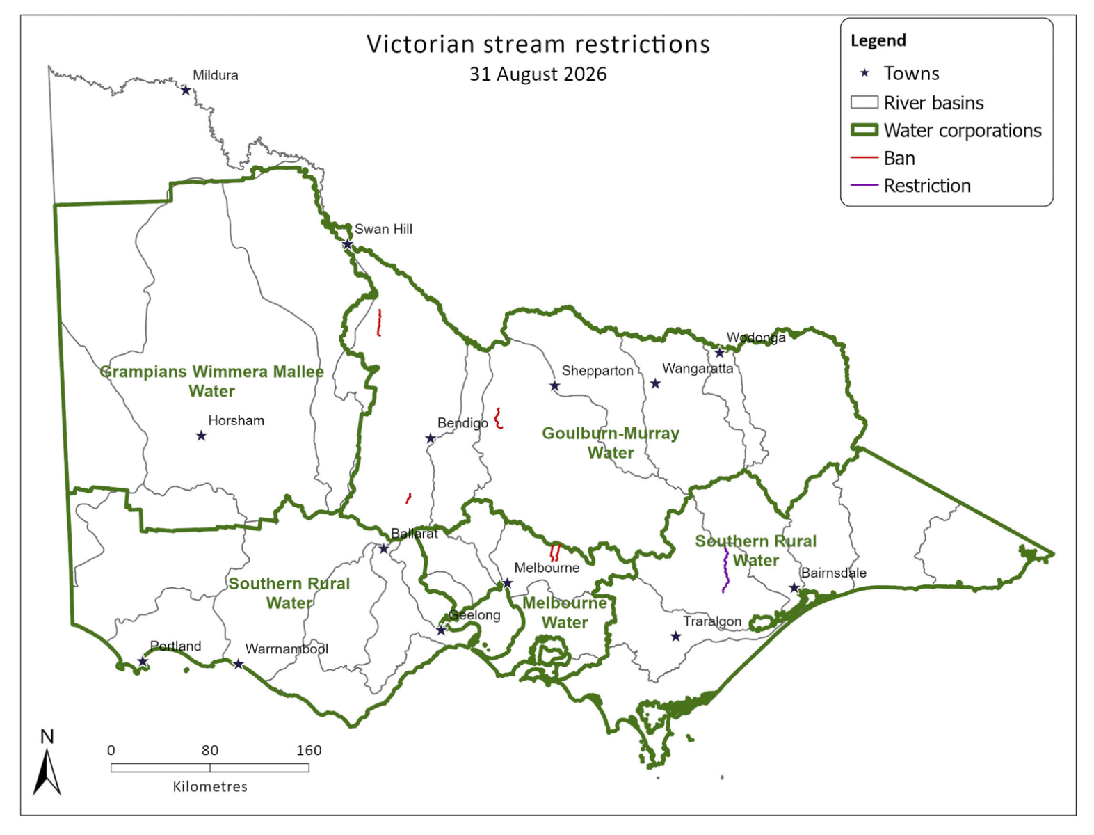 Map of Victorian unregulated stream restrictions as at 31 August 2026