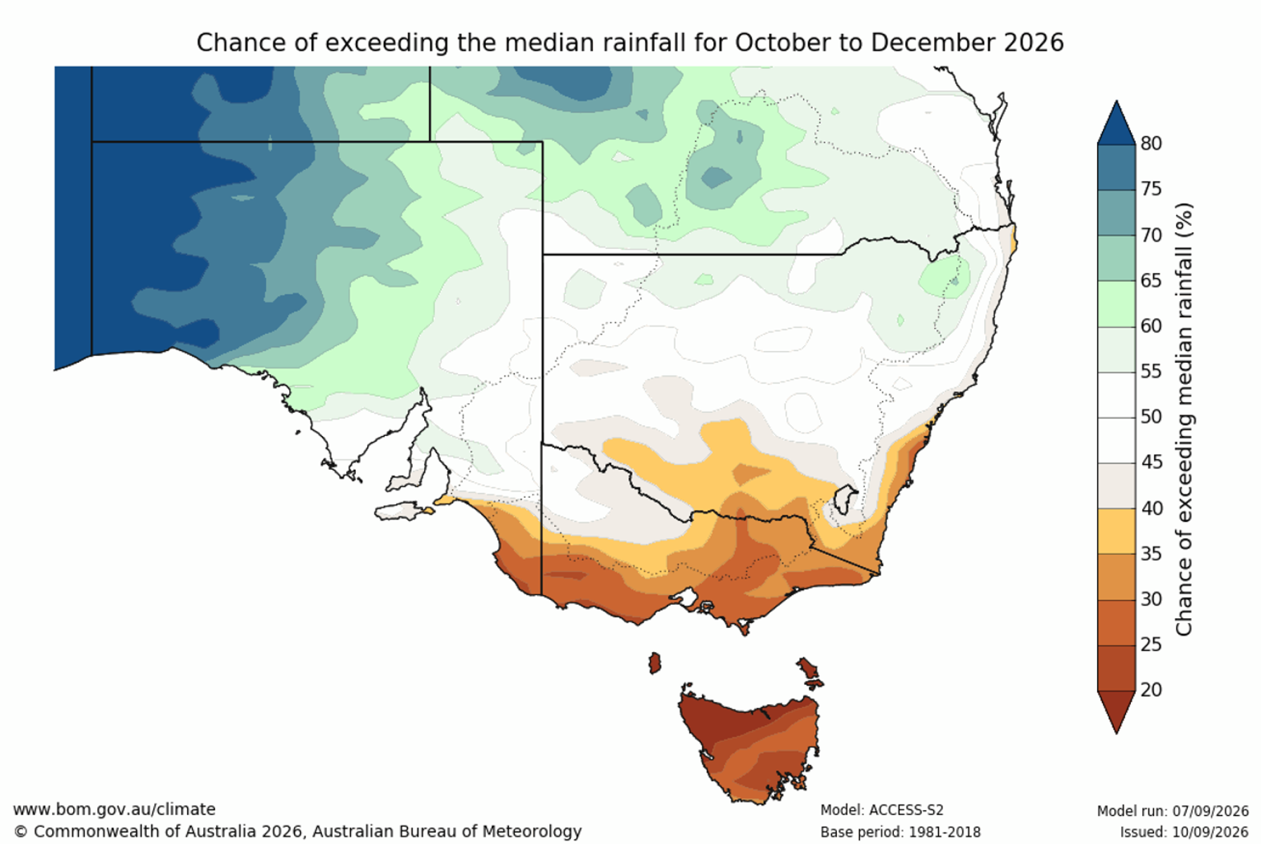 Chance of exceeding median rainfall map for October to December 2026